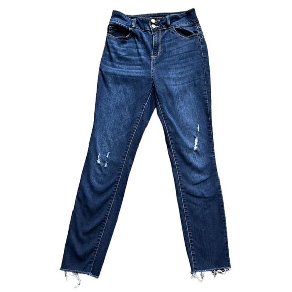 Cello Denim - Cello High Rise Skinny Jeans Frayed Hem Lightly Distressed Size 9 Dark Blue